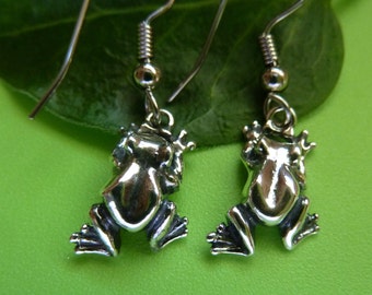 Sterling Silver Frog Earrrings-Large Frog Earrings-Dangle Earrings