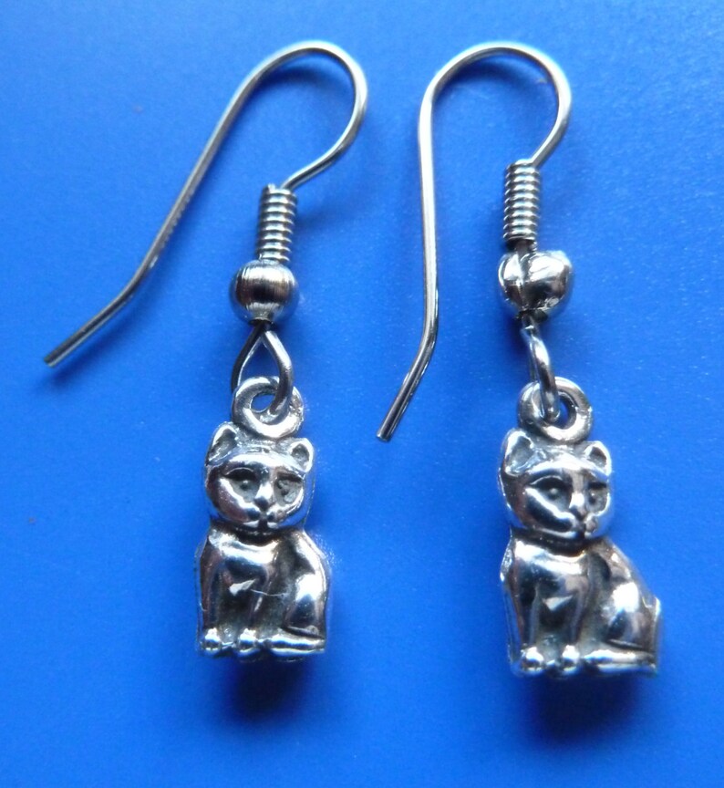 Sterling Silver Small Kitty Cat Kitten Earrings-Dangle Earrings image 1