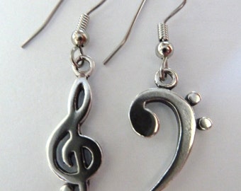 Treble Clef- Bass Clef-Earrings-Sterling Silver-Music Lover-Musician-Gift for Music Lover-Dangle Earrings-Mismatched Earrings