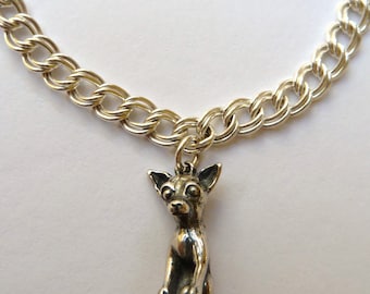 Sterling Silver Chihuahua Dog Charm on Sterling Silver Bracelet with Lobster Clasp