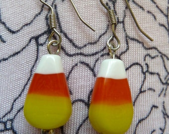 Candy Corn Halloween Earrings-Lampwowrk Glass-Dangle Earrings-French Earwires