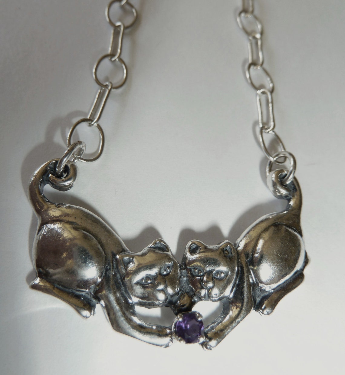 Sterling Silver Two Cats Necklace with Red or Amethyst Etsy