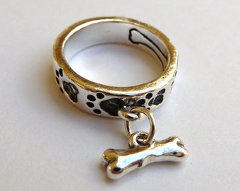 Sterling Silver Dog Paw Print Pawprint Charm Ring with Dog Bone Charm Dangle