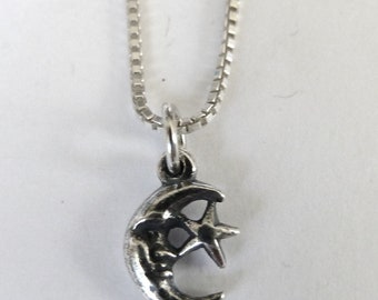 Sterling Silver Small Moon and Star Necklace