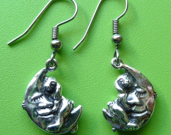 Sterling Silver Bunny Rabbit Earrings-Rabbit Hugging Moon-Dangle Earrings-Two Sided-Love you to the Moon and Back