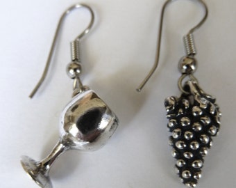 Sterling Silver Grapes and Goblet Wine Earrings