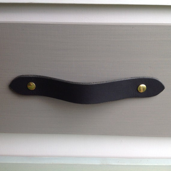 Matte Black Leather Drawer Pull: single thickness, english ends, clean border, edge slicked