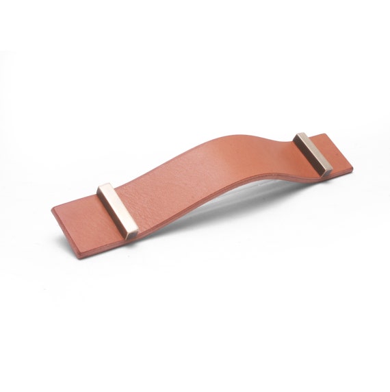 Natural Veg Tan Leather, Solid Brass Hardware, Furniture pull, Custom Made to Order, Square Ends, Plain Border, Edges Slicked