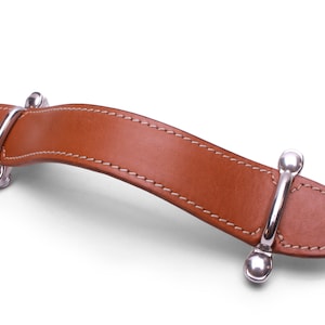 May include: A brown leather handle with silver metal accents. The handle has a stitched edge and is curved.