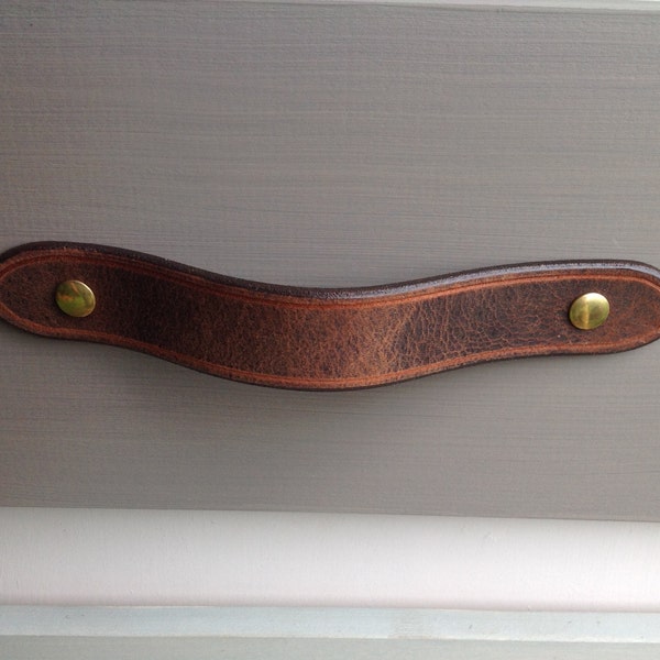 Vintage Brown Leather Drawer Pull: single thickness, border groove, english ends, edge slicked