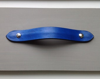 Blue, Leather drawer pull, english ends, plain border, painted edges
