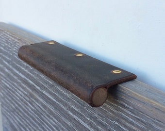 Furniture pull; Walnut Dowel encased in Vintage Brown Leather; Use on Cabinets, Doors, Drawers; Hand made in Virginia