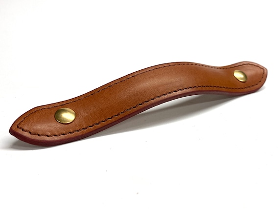 Saddle Tan, Leather drawer pull for furniture, contoured body, stitched border, English ends, painted edges