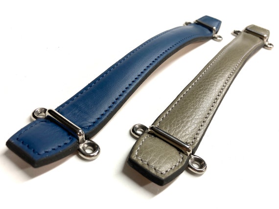 Navy or Gray, Trunk style leather pull with brackets, Square ends, Contoured body, Stitched border, Painted edges