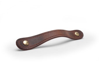 Leather Drawer Pull for Furniture, Rounded Ends, Single Thickness, Stitched, Vintage Brown