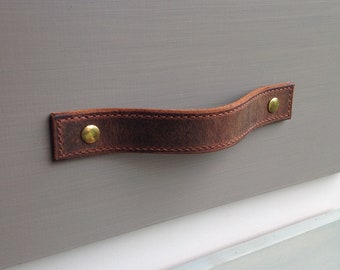 Vintage Brown Leather Drawer Pull: single thickness, square ends, stitched border, edges slicked