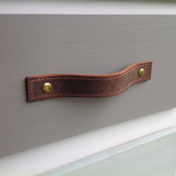 Vintage Brown Leather Drawer Pull: single thickness, square ends, stitched border, edges slicked