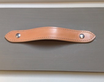 Natural Veg Tan, Leather drawer pull for furniture, contoured body, edge stitched, english ends