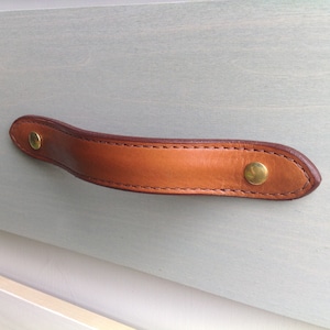 Saddle Tan, Leather drawer pull for furniture, contoured body, edge stitched, english ends