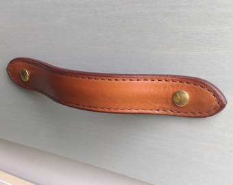 Saddle Tan, Leather drawer pull for furniture, contoured body, edge stitched, english ends