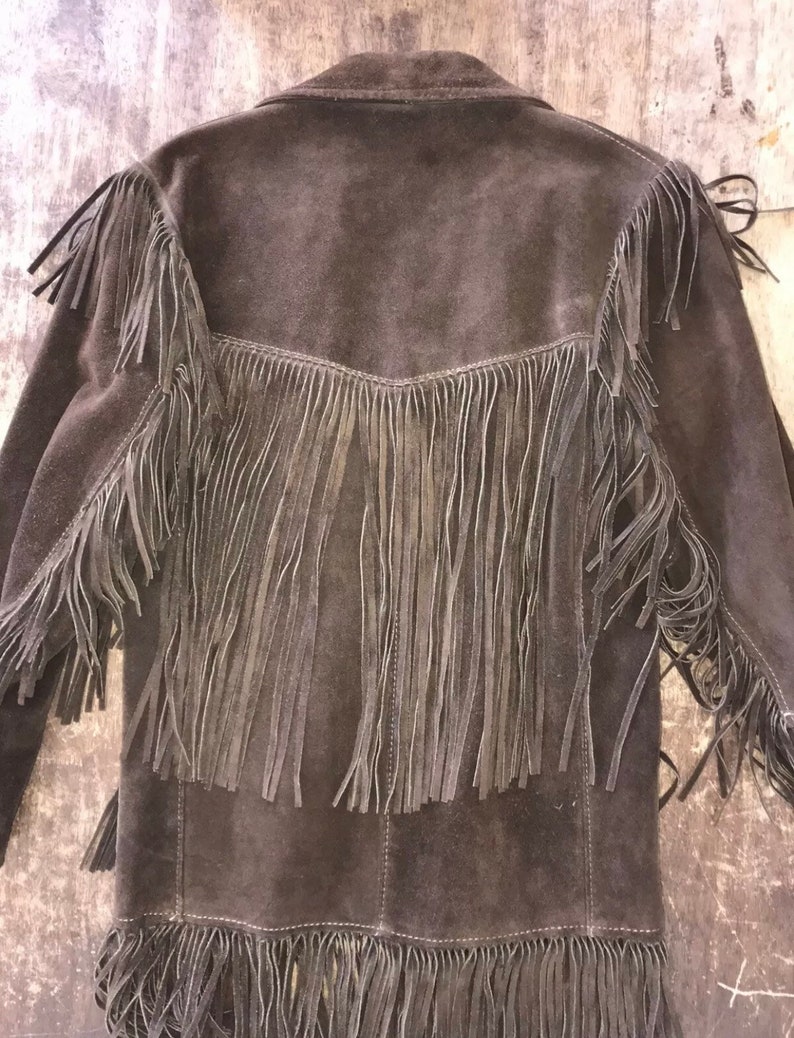 Vintage Simco Dark Brown Leather Jacket W Fringe Sz 36 Hippie Boho Coat Suede