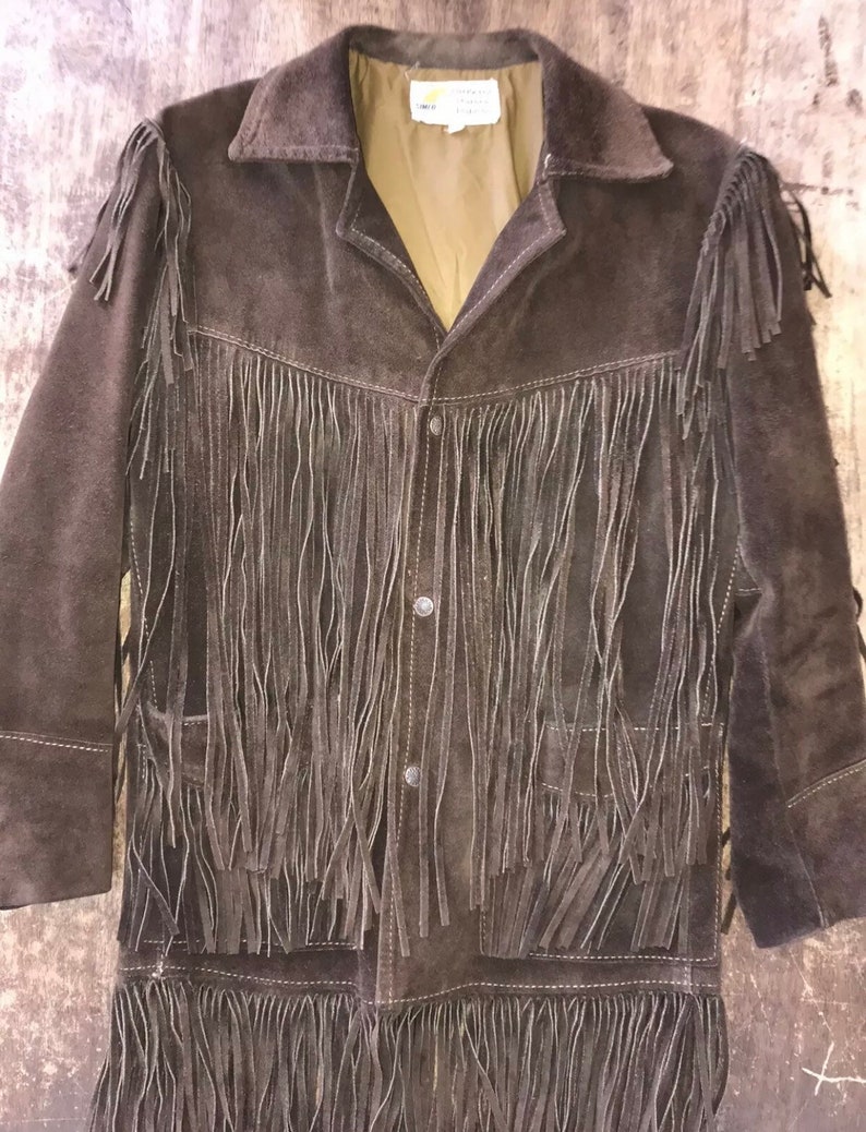 Vintage Simco Dark Brown Leather Jacket W Fringe Sz 36 Hippie Boho Coat Suede