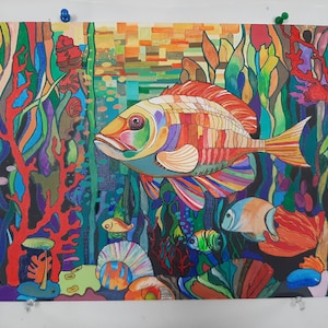 Sinfonia subaquática. acrílico feito à mão em uma placa de tela peixe mar oceano imagem para parede