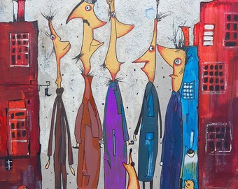 The Family original acrylic on an canvas abstract whimsical folk