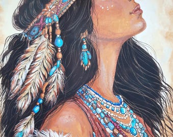 ポカホンタスにインスパイアされたオリジナルアクリル画、キャンバスボードに描かれた12×16インチのネイティブアメリカン肖像画（額装なし）
