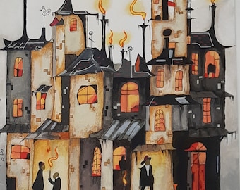 May include: A watercolor painting of a whimsical, multi-level building with black and gray roofs, orange and yellow flames, and a wooden walkway in front. The building has multiple windows and doors, and there are three figures standing on the walkway.