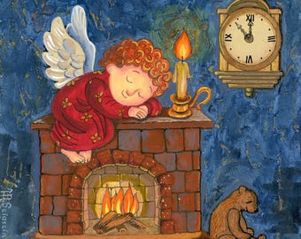 Original Acrylic Painting: Whimsical Sleeping Angel Folk Art