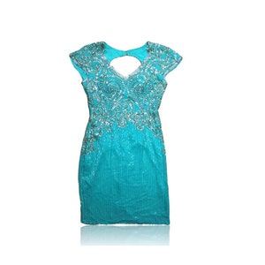 80er Jahre Aqua Türkis Perlen Pailletten Bodycon Kleid / Mini CocktailKleid / Schlüsselloch zurück / / genäht in gepolsterten BH / / Größe 9 / 10