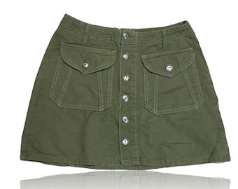 90s scuro verde oliva pulsante giù Denim gonna / / Bongo / / size 7