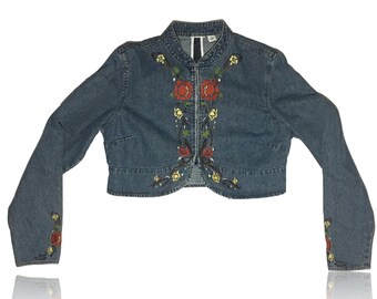 90s Cropped Embroidered Denim Jacket, Folk Floral, Medium
