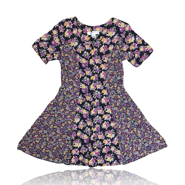 80s Purple Black Floral Button Down Dress  // Maggie Lawrence // Swing Mini Dress / Skater // size 6