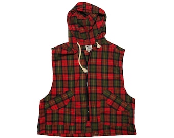 80s Plaid Flannel Hooded Vest, Red Black Green, Men's Medium