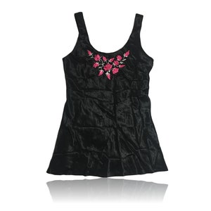 90s Lingerie Pink Floral Rose Embroidered Mini Night Gown Black Satin// Size XL // Bali Studio Collection
