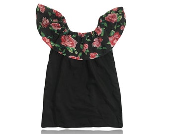 90s Off The Shoulder Floral Rose Black Top // Size Medium / Large