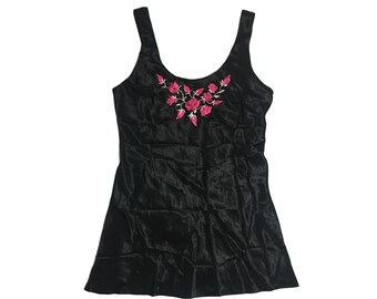 90s Black Satin Nightgown with Pink Rose Embroidery, Size XL