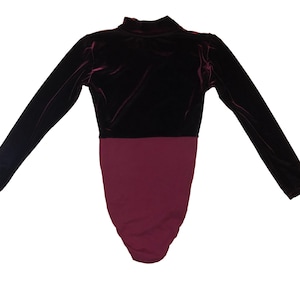 90s Crushed Velvet Mock Neck Bodysuit Long Sleeves Maroon // Snap Crotch // Size Large
