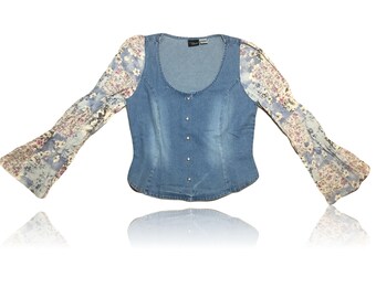 90s Denim Top Floral Scrunched Bell Sleeves / Button Down Front // Size 10