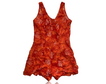 90s Red Orange Abstract Mini Romper // Rouched front bust area // Basic Additions //