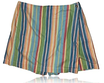Gonna-pantalone a vita alta anni '90, gonna-pantalone in denim a righe arcobaleno Y2K // Taglia 16 // Liz Claiborne