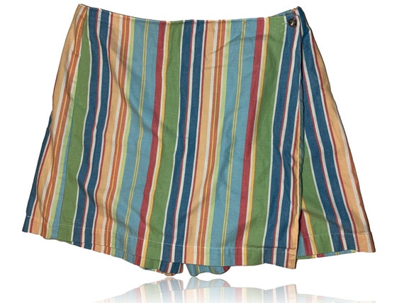 90s High Waisted Skort Rainbow Stripes Denim Skor… - image 1