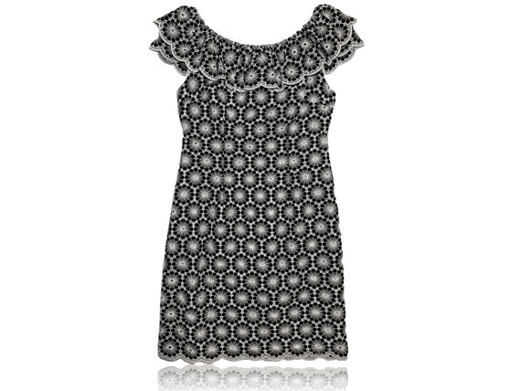 90s Embroidered Floral Mini Dress, Ruffled Neckline, Black & White, Size 2 90s Embroidered Floral Mini Dress, Ruffled Neckline, Black & White, Size 2