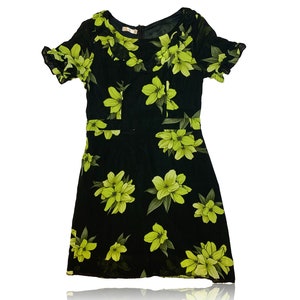 90s Black and Yellow Green Floral Mini Dress // Transparent Layered // Sala // Size Medium image 1