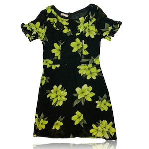 90s Black and Yellow Green Floral Mini Dress // Transparent Layered // Sala // Size Medium image 1