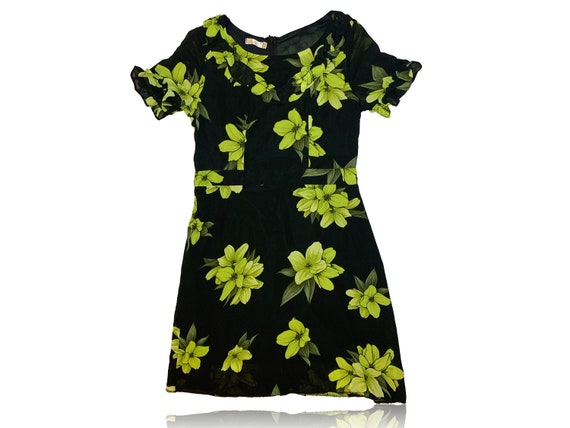 90s Black and Yellow Green Floral Mini Dress // T… - image 1