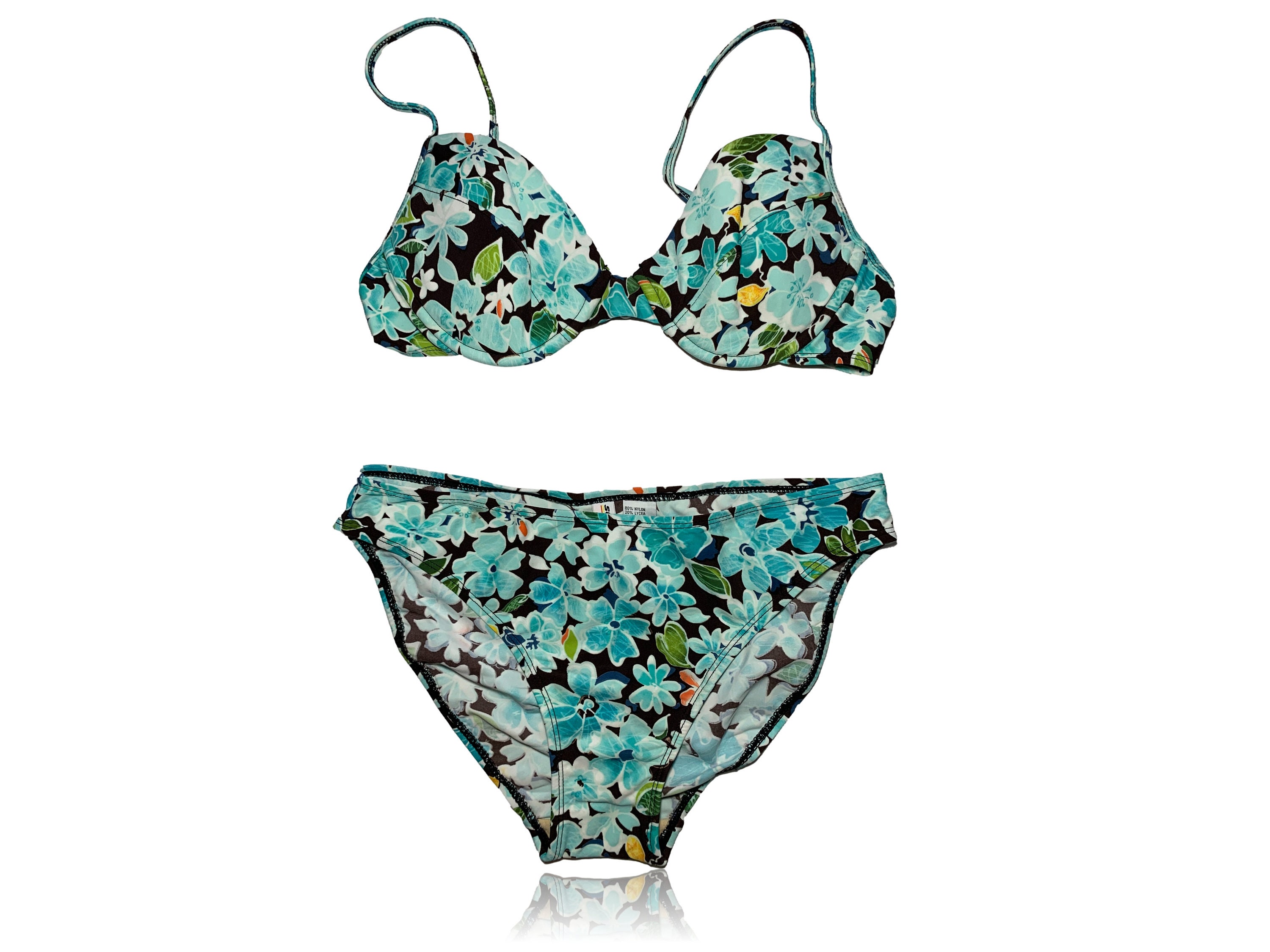 90s Blue Floral Bikini Two Piece Y2K // High Waist Bottoms // Sun