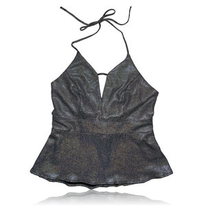 90s Sequin Halter Top Peplum // Lucido olografico // Taglia 8